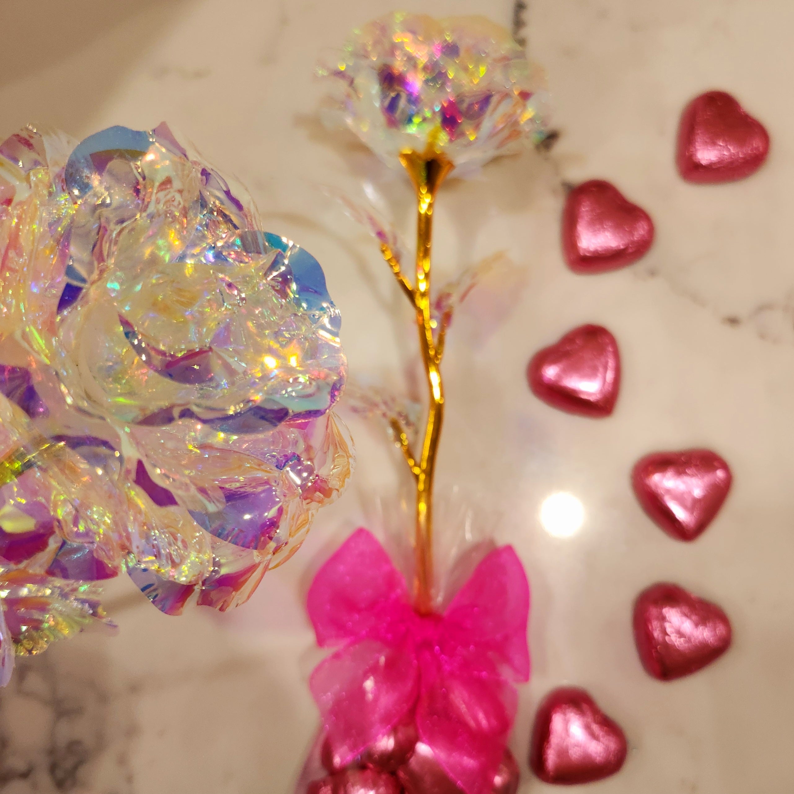 5 Crystal Artificial Roses with Pink Chocolate hearts